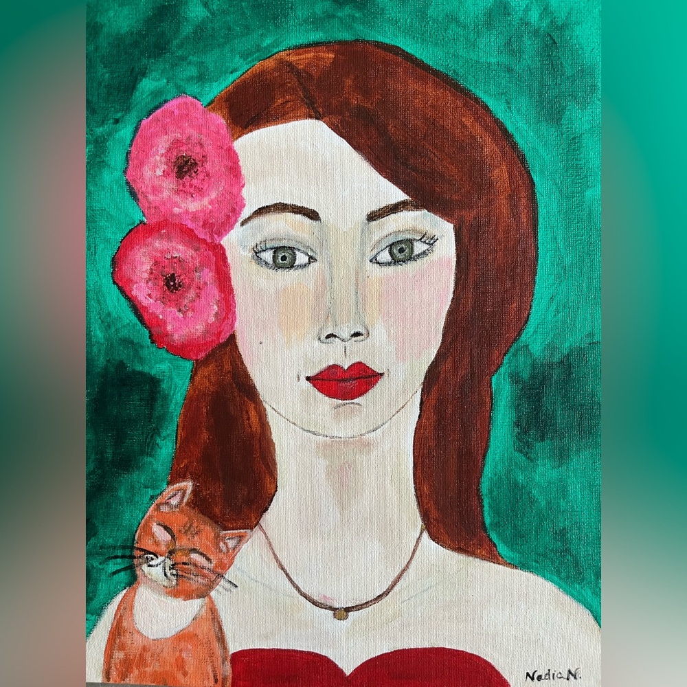 🌺Original art Portrait Painting of woman w/cat 🎨